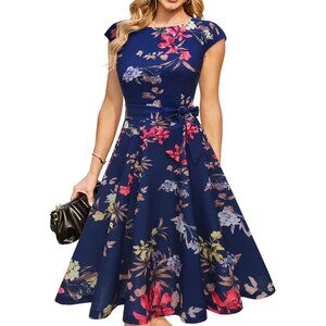 Dresstells Women's Navy Flower Modest Vintage Cocktail Formal Party Dresses